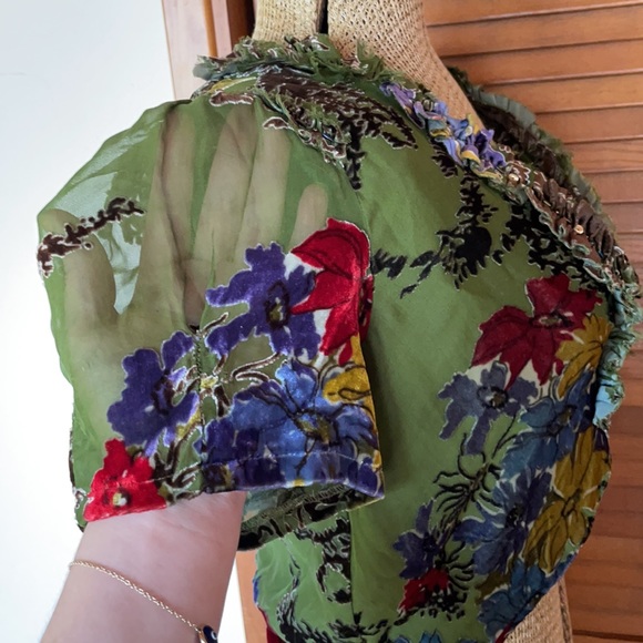 JALOUX | Green & Brown Silk Velvet Floral Short Sleeve Shrug | M - Picture 10 of 17